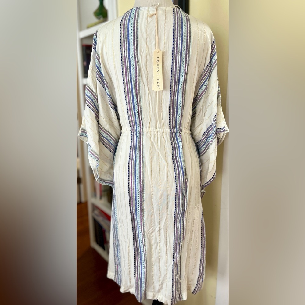 LoveStitch NWT Coverup Dress Poncho Tunic Drawstring Waist Tassles Stripe Print - Picture 7 of 8